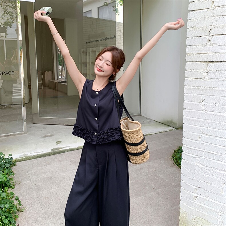 藏青色盐系木耳边套装女2025年夏季新款气质通勤马甲阔腿裤两件套,女装套装/套裙,纯色衣恋