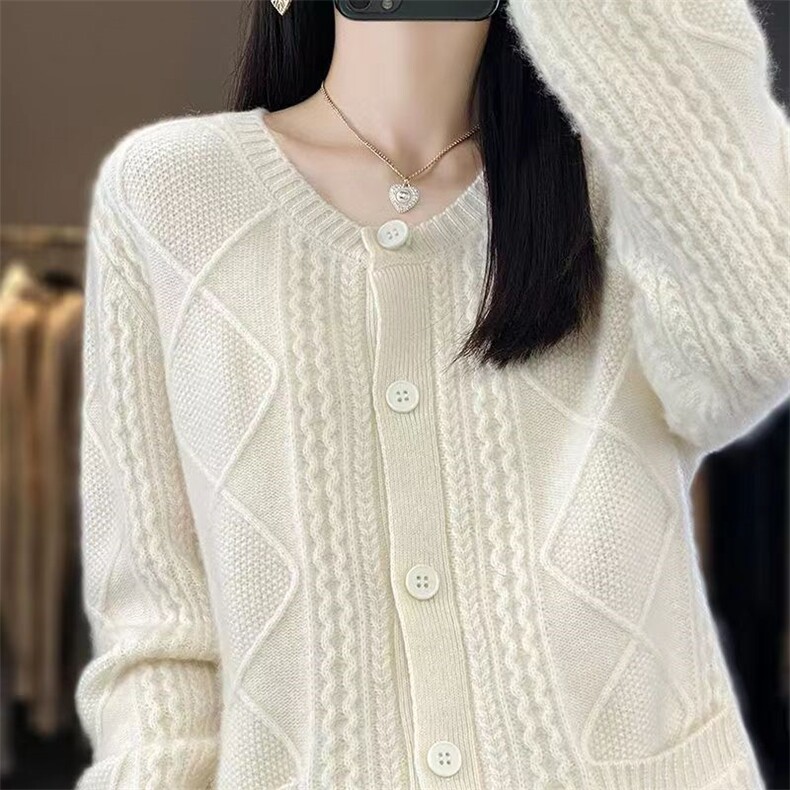 2024秋冬新款羊毛女士双兜圆领羊毛开衫,女装羊毛衫,胜酷羊绒
