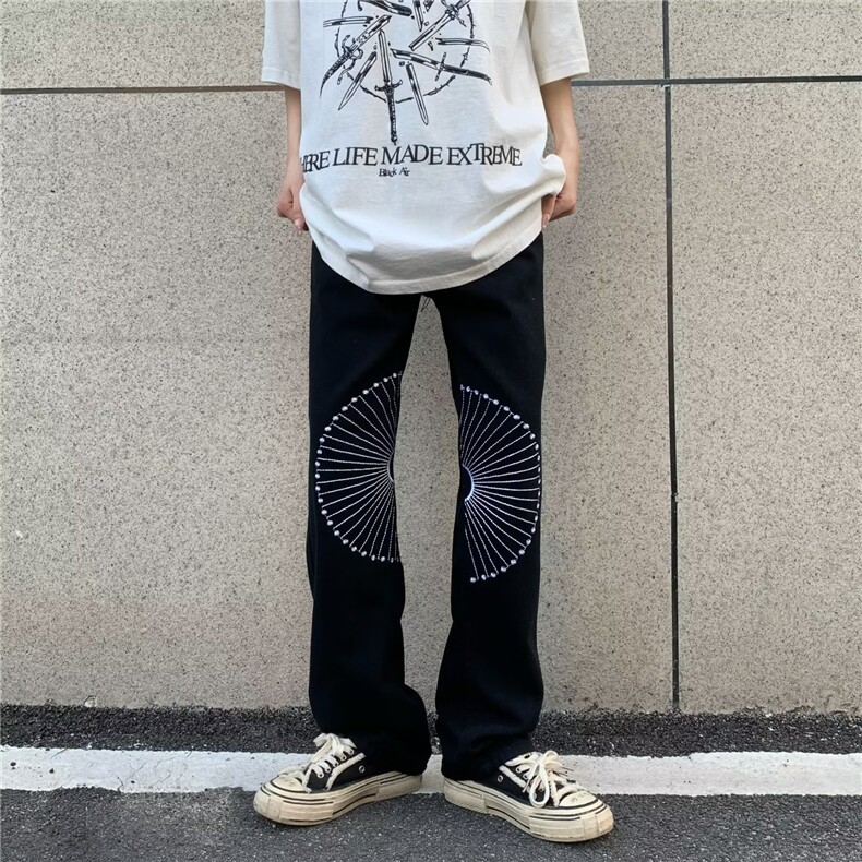 美式高街刺绣牛仔裤男款设计感直筒潮宽松休闲微喇叭裤N0037-P62,男装牛仔裤,星座308B-2