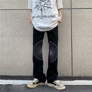 美式高街刺绣牛仔裤男款设计感直筒潮宽松休闲微喇叭裤N0037-P62