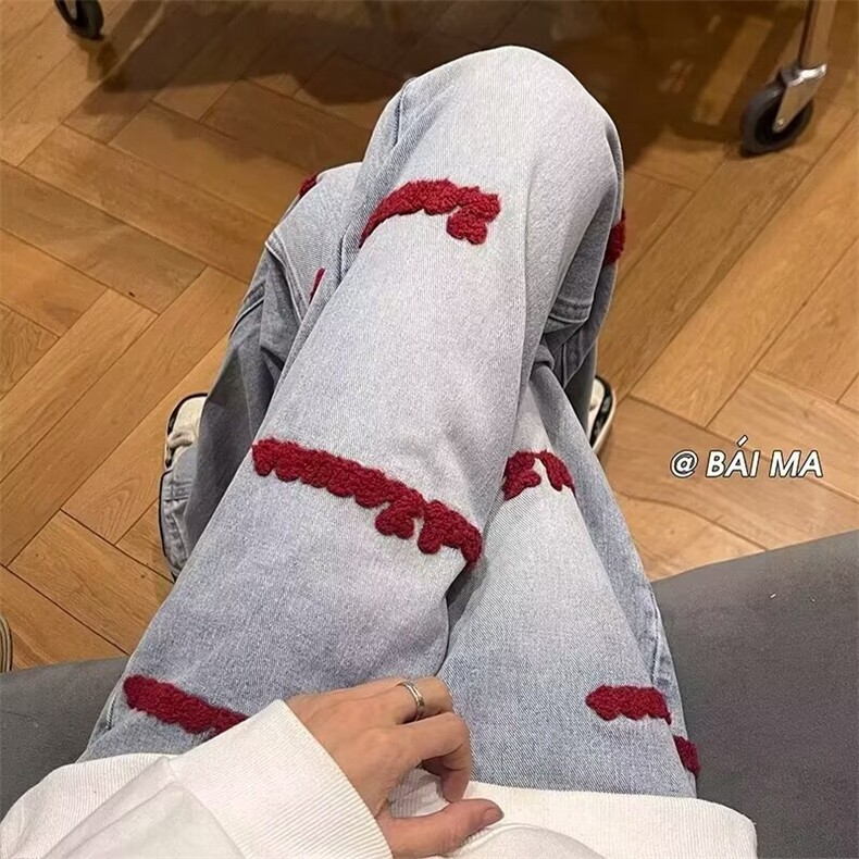 美式复古字母刺绣牛仔裤男春季新款宽松直筒潮牌百搭阔腿老爹裤子,男装牛仔裤,星座506A