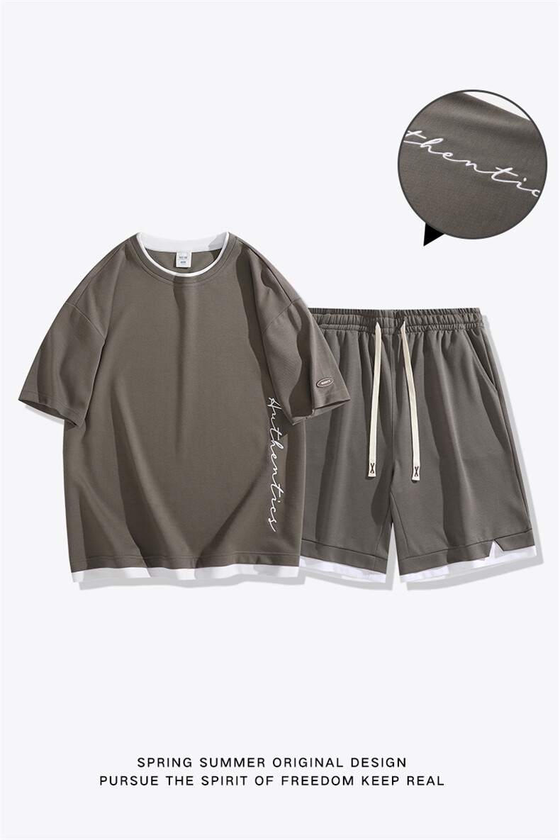 夏季运动套装日系白底休闲百搭时尚短套装CK2410+TC3146-P54控89,男装休闲套装,星座717
