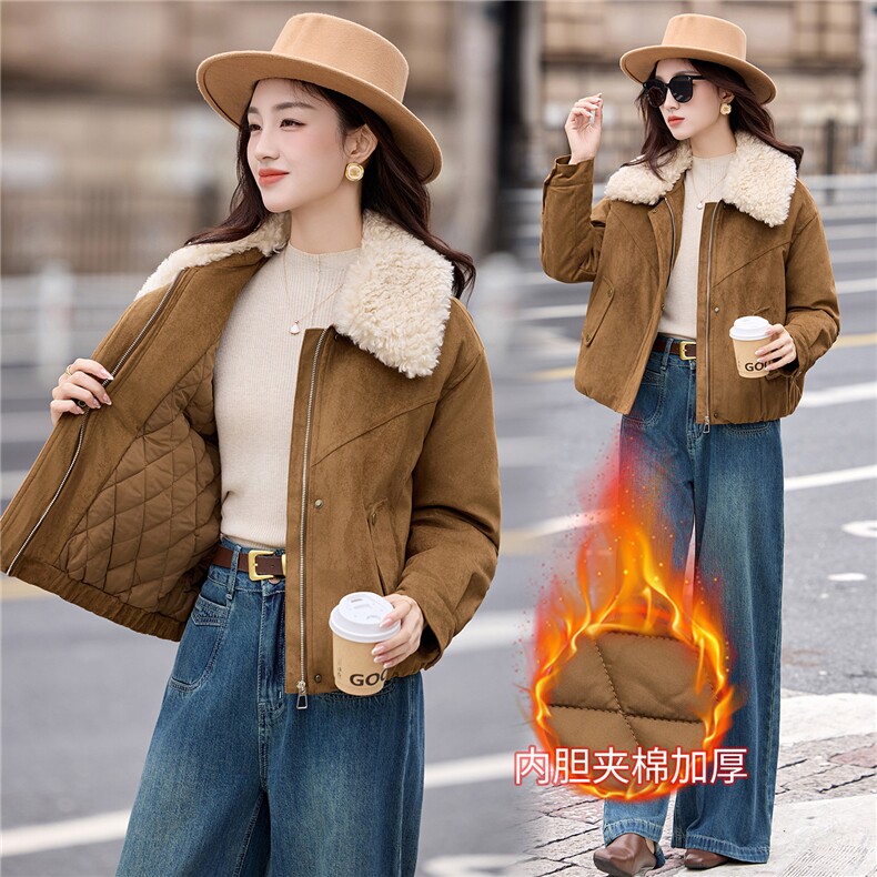现货2025年冬季新款麂皮绒加棉棉衣羊羔毛毛领时尚棉衣，女装棉衣/棉服，悦祺