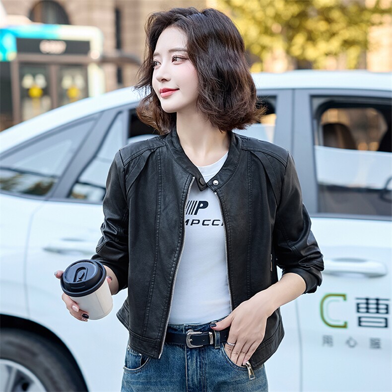 现货水洗双色皮衣2025年女秋季新款时尚百搭短款外套,女装皮衣,英标秀（1C119）