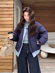 藏青色格子拼接假两件短款羽绒服女冬季2025新款设计感白鸭绒外套图片