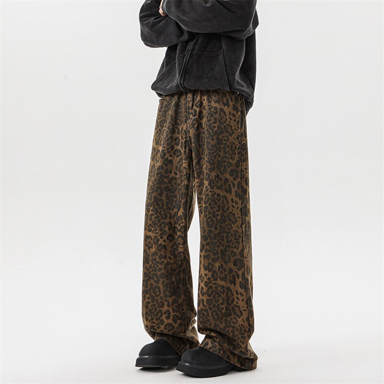 8XL-M春款高街美式豹纹阔腿牛仔裤男宽松直筒拖地裤K9113P68控88，男装休闲裤，电商D206-1