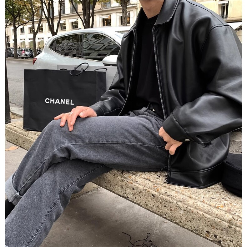 翻领短款皮衣男士美式高街复古高级感痞帅春秋机车服夹克外套,男装夹克,星座710