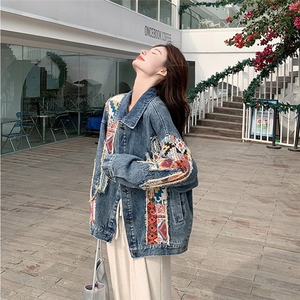 2025春季新款牛仔外套女短款百搭印花开衫翻领小个子长袖夹克上衣图片