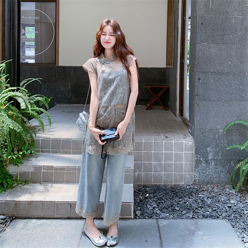 新中式国风蕾丝牛仔阔腿裤套装女夏季2025新款时尚高级感两件套,女装套装/套裙,2C316