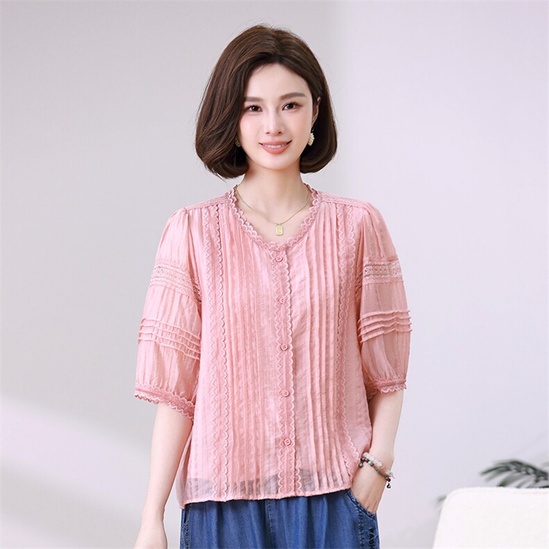时尚甜美粉色蕾丝拼接宽松显瘦女装衬衫,女装衬衫,叶笙衣