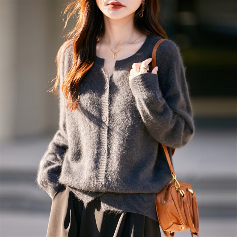 松弛感V领羊毛开衫女25秋冬拉绒针织衫外搭毛衣一线无缝宽松外套,女装羊毛衫,昭美羊绒