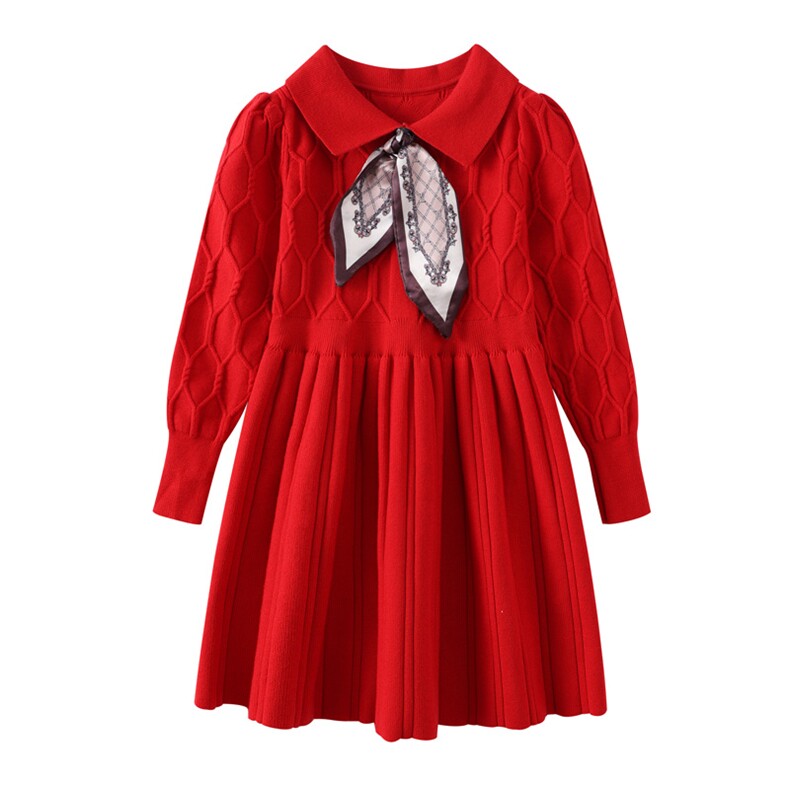 甜美公主风儿童连衣裙红色长袖百搭款可爱蝴蝶结装饰面料春秋，童装连衣裙，伊美侕