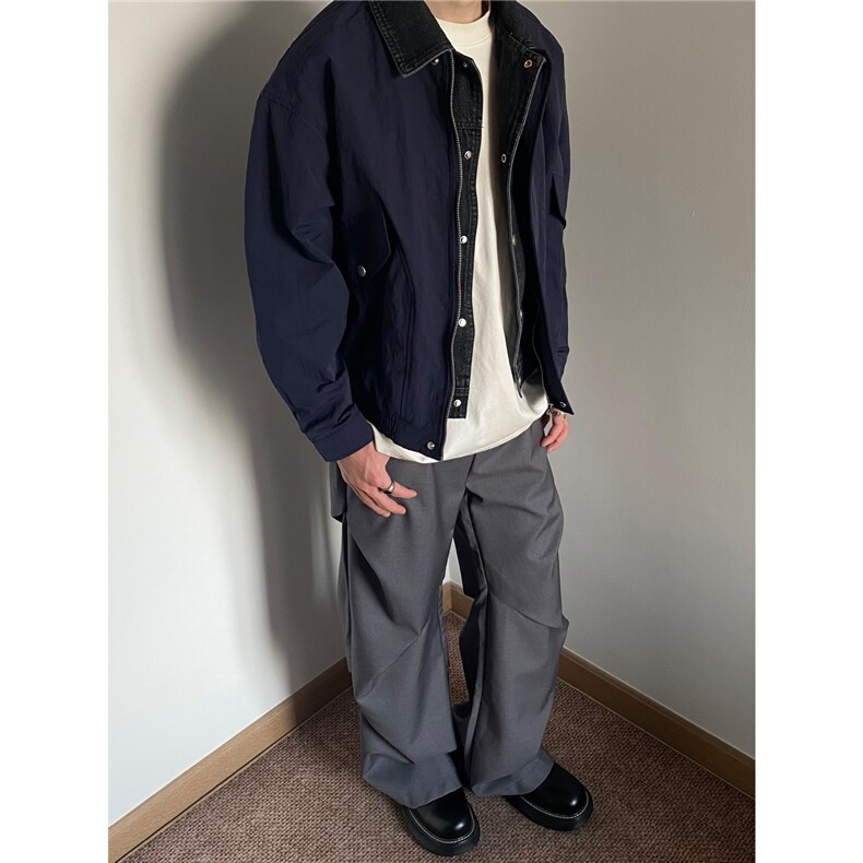 2025年秋季新款美式纯色巴恩风假俩件翻领宽松休闲藏青夹克外套男，男装夹克，星座1210-1