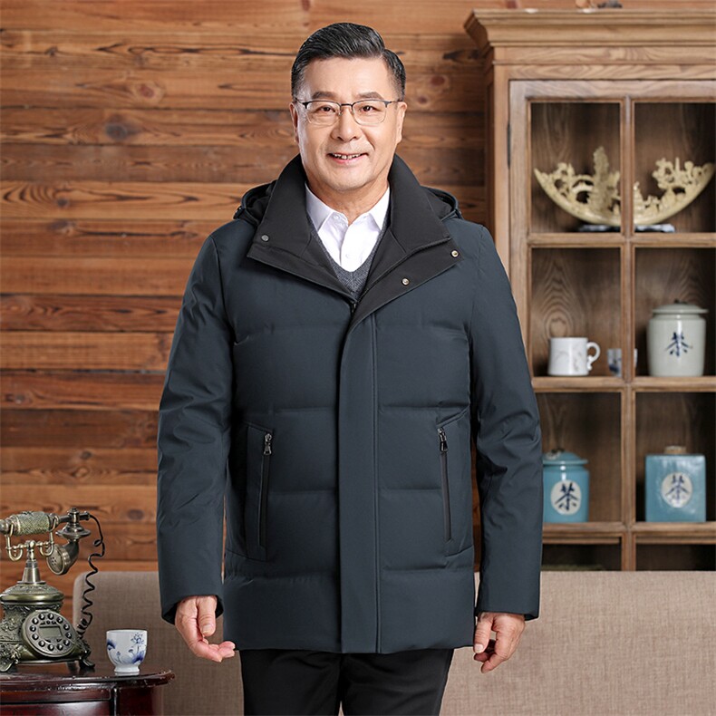 中老年羽绒服男士中长款加厚防寒中年休闲白鸭绒连帽可脱卸外套图片