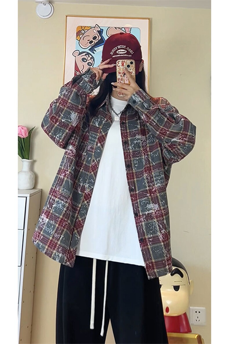 美式复古晕染格子衬衫男长袖高级感慵懒宽松外套C2260-特价P35,男装衬衫,电商A007