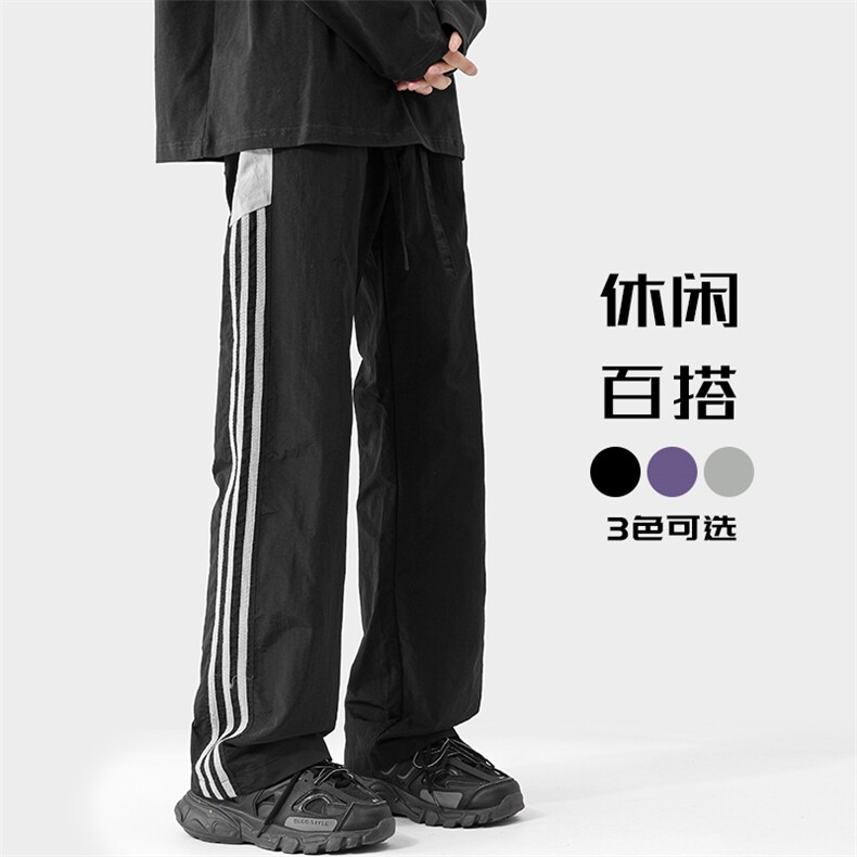 秋新侧边条纹宽松阔腿裤男复古痞帅大码速干运动休闲裤K1162-P45图片