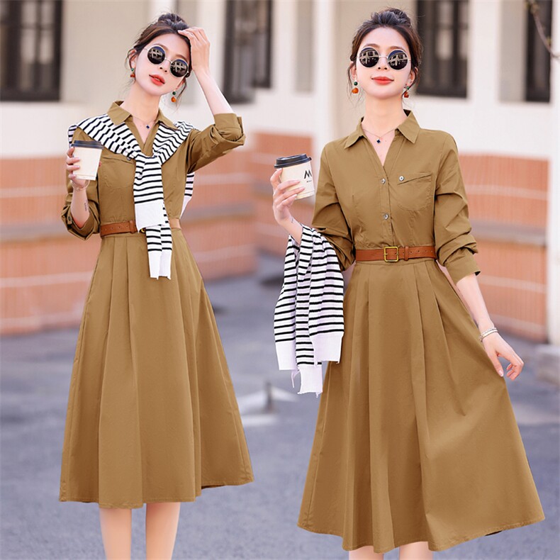 （现货放心推）披肩两件套配腰带显瘦连衣裙翻领有拉链，女装连衣裙，墨羽桐