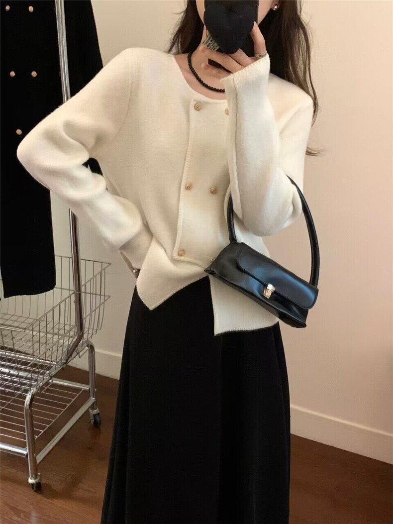 秋季新款显瘦纽扣开衫女针织衫优雅百搭长袖毛衣外套,女装羊毛衫,隆格羊绒