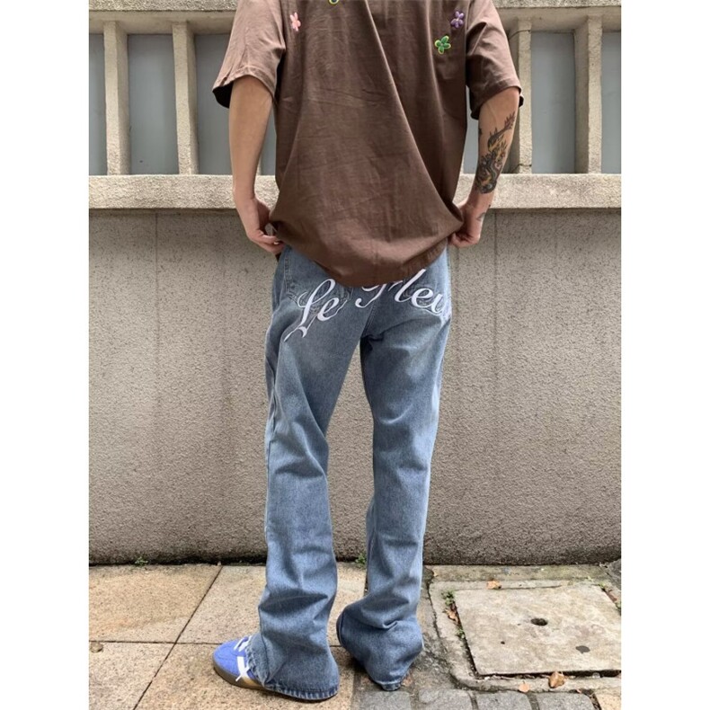 小众设计感贴布花瓣刺绣牛仔裤男女街头宽松做旧休闲微喇长裤,男装牛仔裤,星座506A