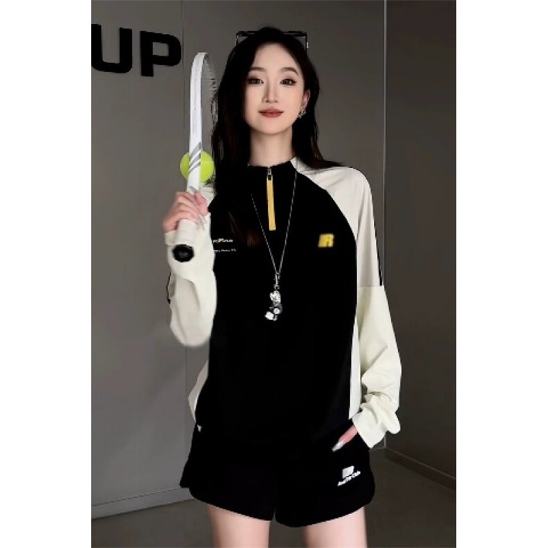 新款美式复古潮牌撞色拼接情侣防晒T恤男女长袖宽松圆领上衣图片