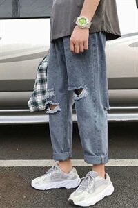 裤子男潮流百搭原宿风破洞牛仔裤直筒宽松老爹九分裤kz10图片