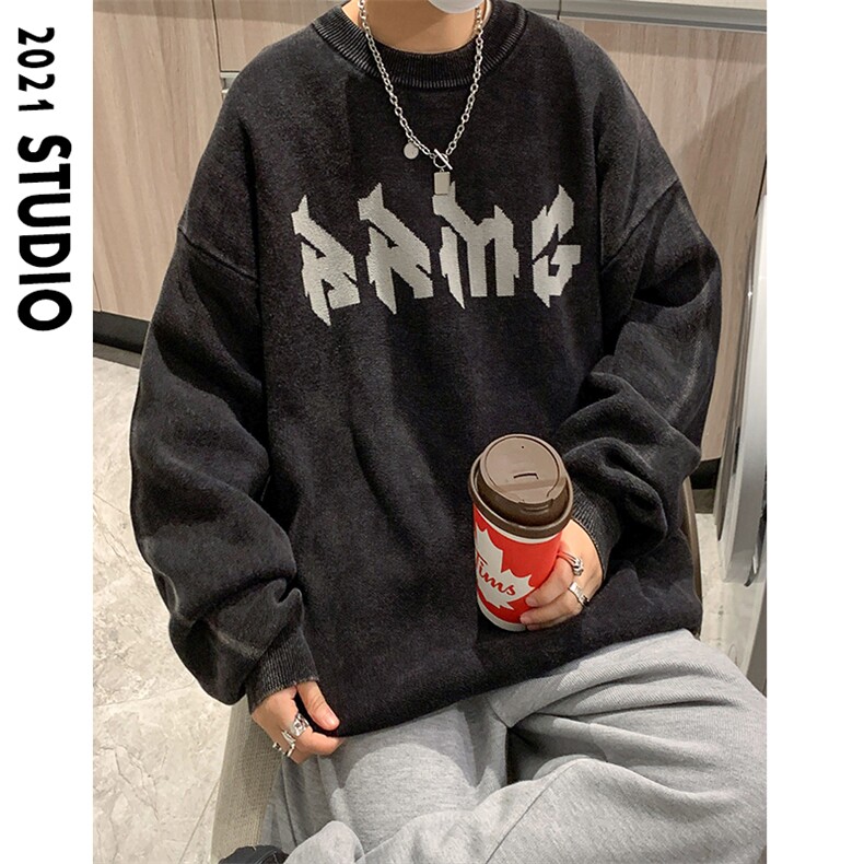 秋冬个性针织衫宽松男毛衣圆领提花水洗做旧32434P88控108图片