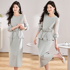 闺舍2025年春季超软S型连衣裙U型领长袖丝缎优雅气质假两件中长裙，女装连衣裙，初闻兮