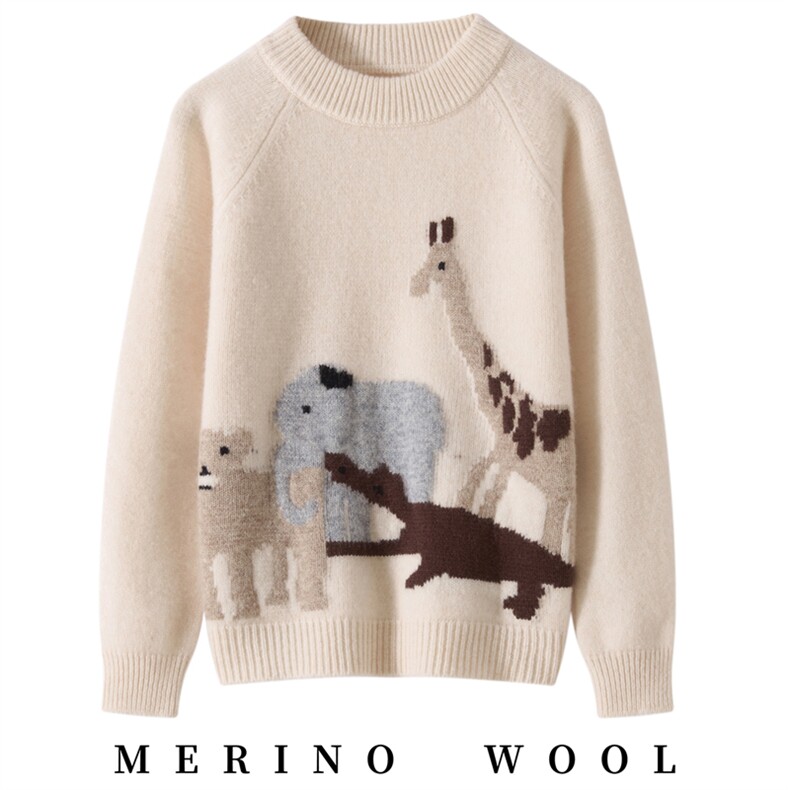 儿童男女通用长袖动物园，童装儿童羊毛衫，牧戎奢羊绒
