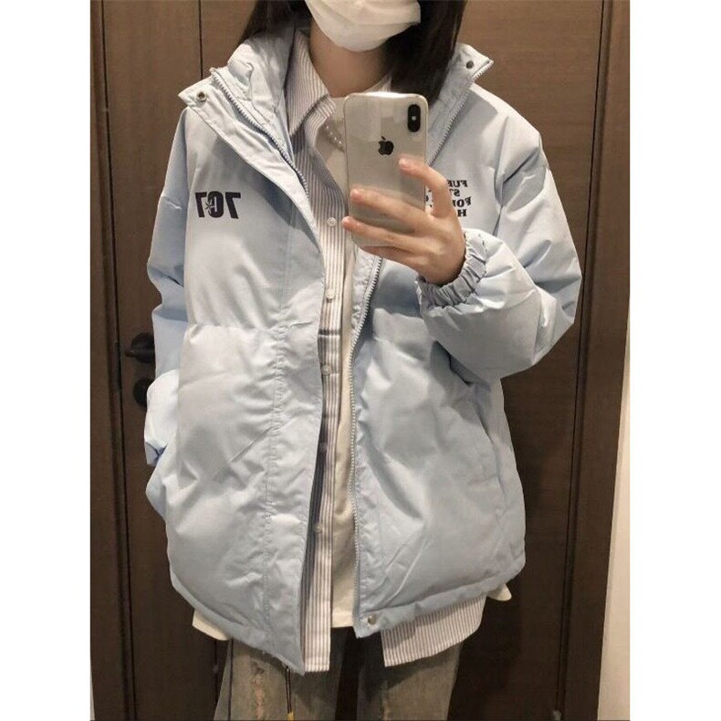 韩版设计感字母印花蓝色潮牌棉服女冬季新款百搭立领宽松棉衣外套,男装夹克,星座506A