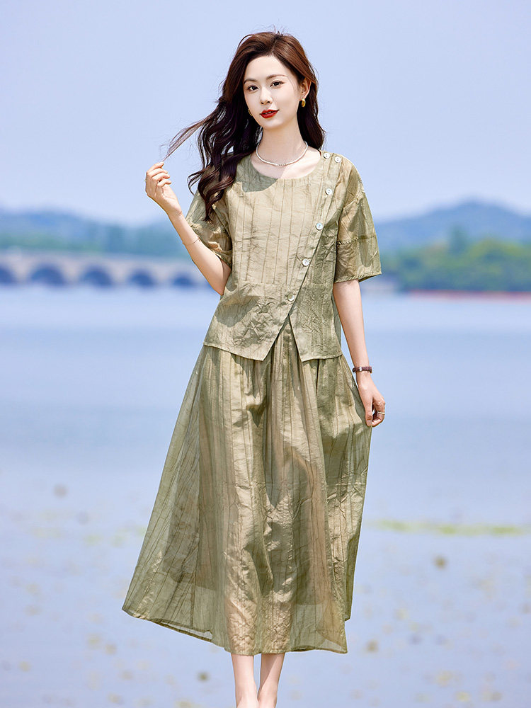 蓝色连衣裙套装女2025新款韩系夏日穿搭一整套短袖吊带裙子三件套,女装套装/套裙,靓衣阁