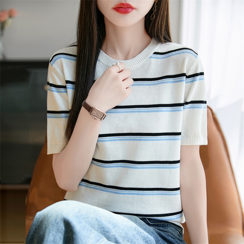 2025夏季新款圆领纯棉条纹针织短袖女宽松显瘦洋气休闲百搭上衣女,女装T恤,秋双羊绒