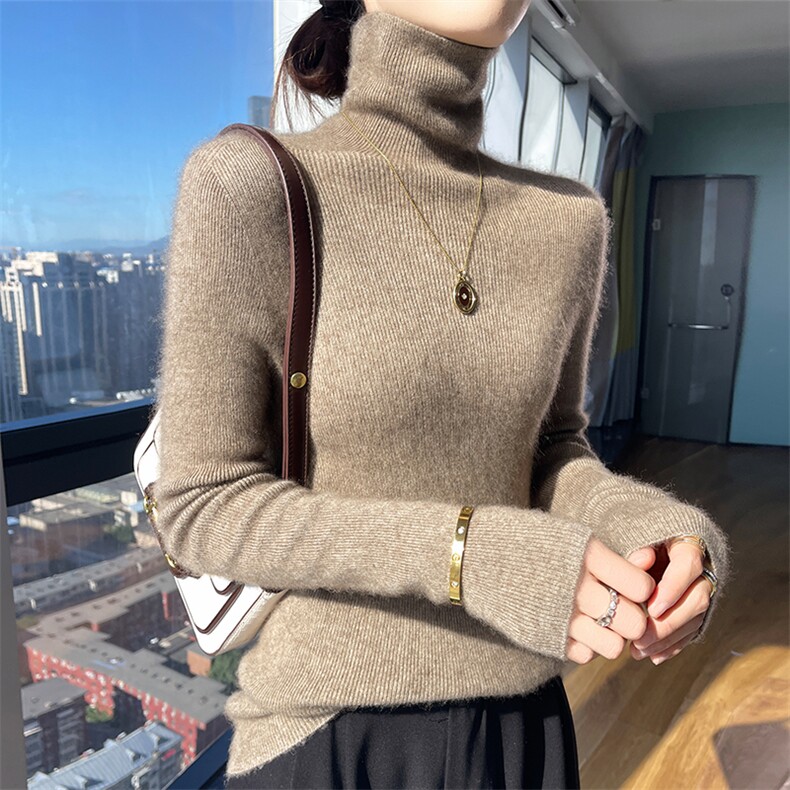 2025年秋季常规款通勤长袖高翻领时尚百搭一线成衣宽松厚款,针织衫/毛衣,兰皓羊绒