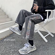 牛仔裤男宽松拼色日系港风高街裤子潮牌百搭坠感直筒裤G3015-P40图片