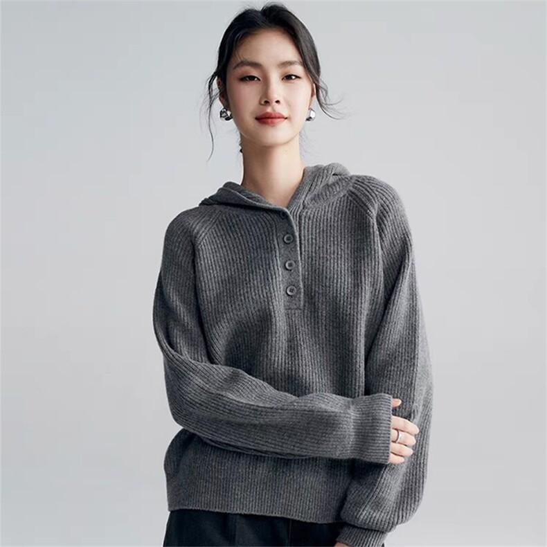 秋冬款系扣连帽衫女宽松大码羊毛帽衫针织半开扣毛衣打底衫厚，女装羊毛衫，米鹿服饰