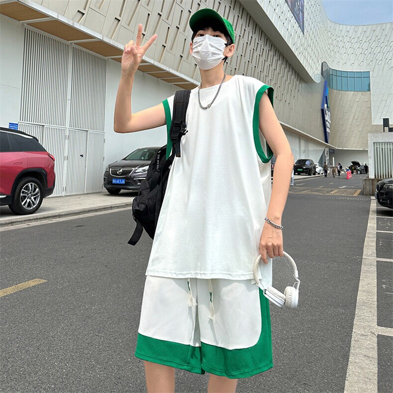 夏季现货主推大码港风情侣无袖背心五分裤冰丝日系套装S03P48,男装牛仔裤,电商B226-2（原B217-2）