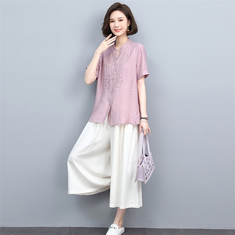 2022重工刺绣短袖衬衫女夏季新款妈妈衬衣棉麻风休闲上衣,女装衬衫,忆绮罗