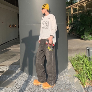美式高街cleanfit风格重磅水洗黑灰微喇版型牛仔裤泼墨毛边长裤男图片