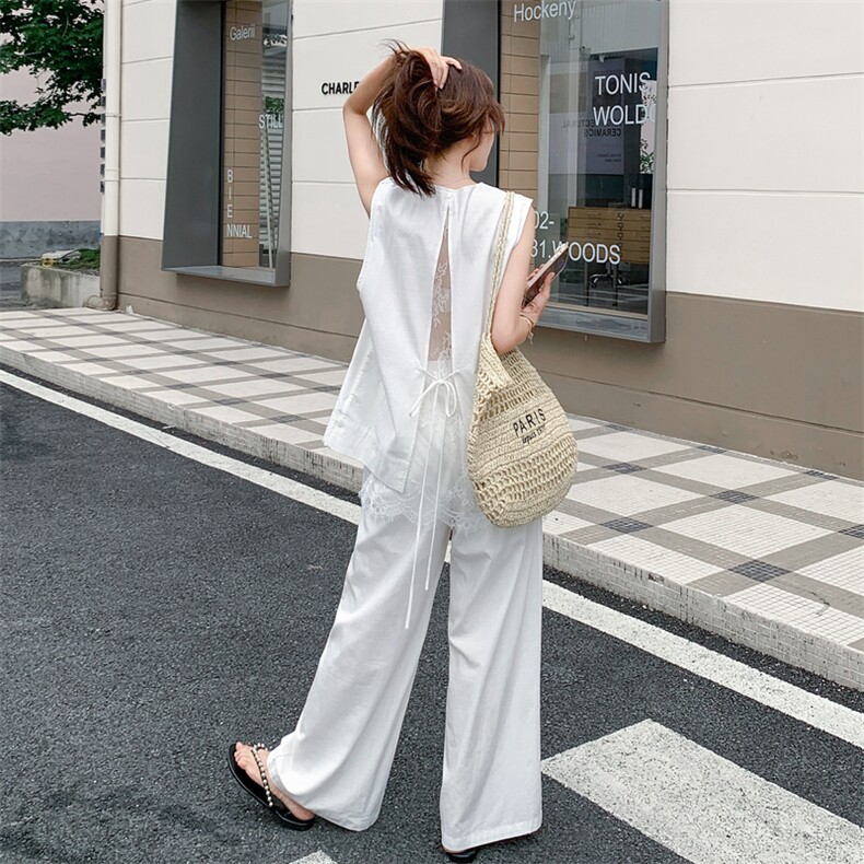 蕾丝拼接马甲套装女2025夏季新款设计感独特漂亮白色阔腿裤两件套图片