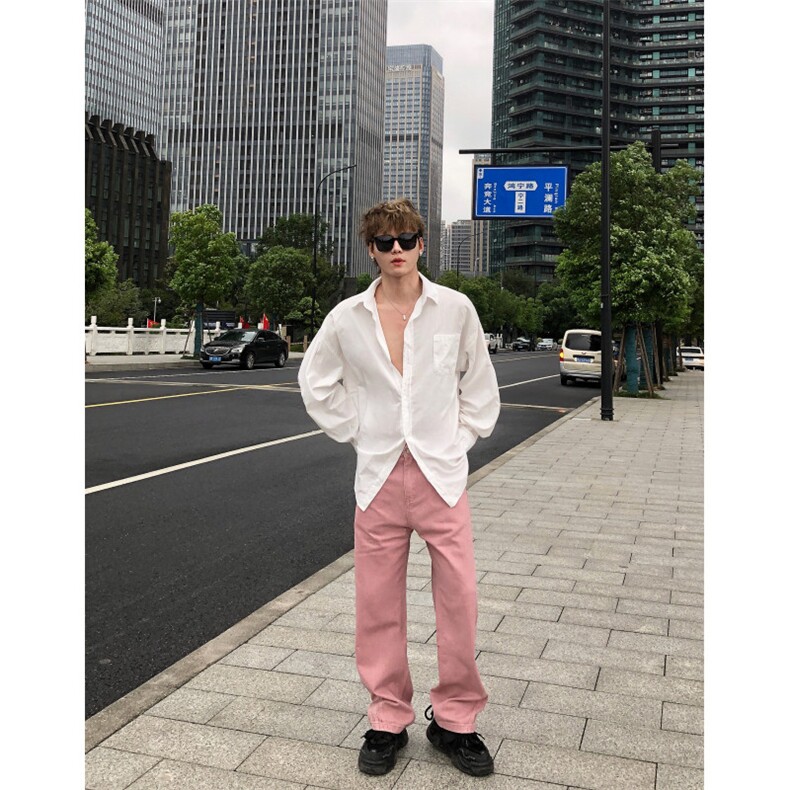 潮牌时尚冰莓粉宽松直筒水洗牛仔裤X1002-1-NZ2413-现货！,男装牛仔裤,星座1002-1