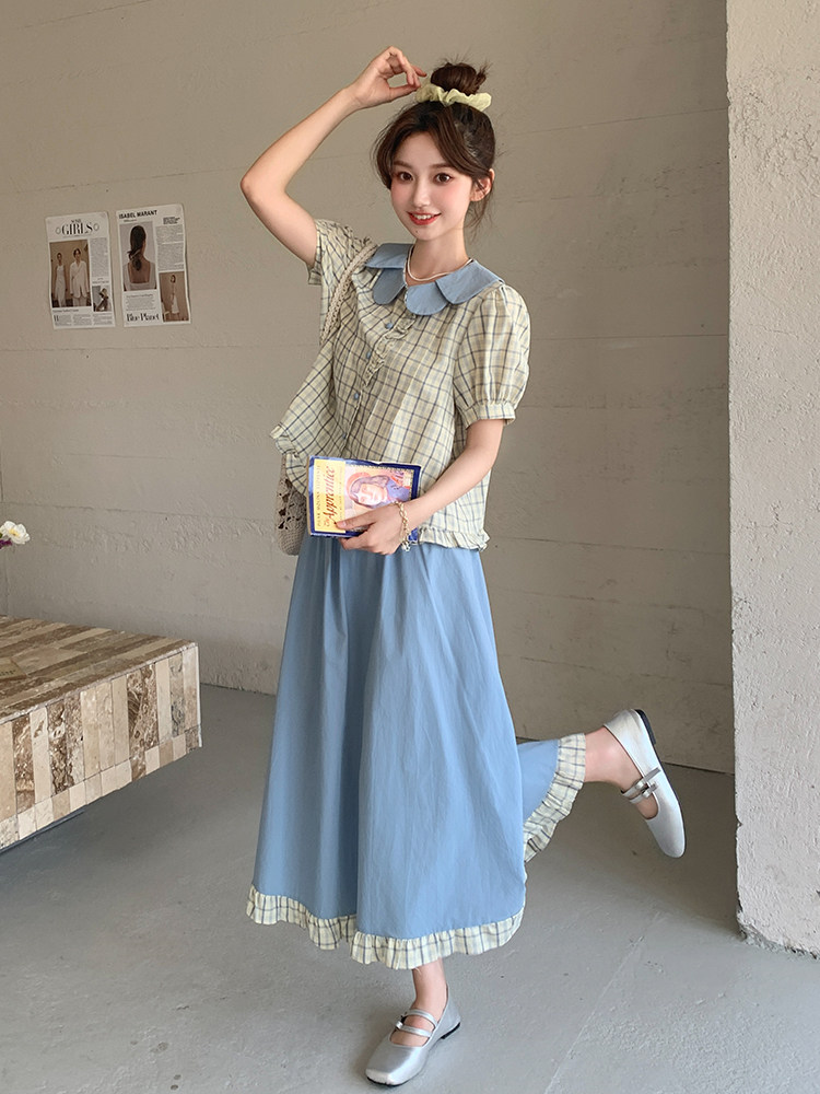 娃娃领衬衫半身裙套装女夏学院风流行超火两件套俏皮小个子爆款,女装套装/套裙,浙宝220