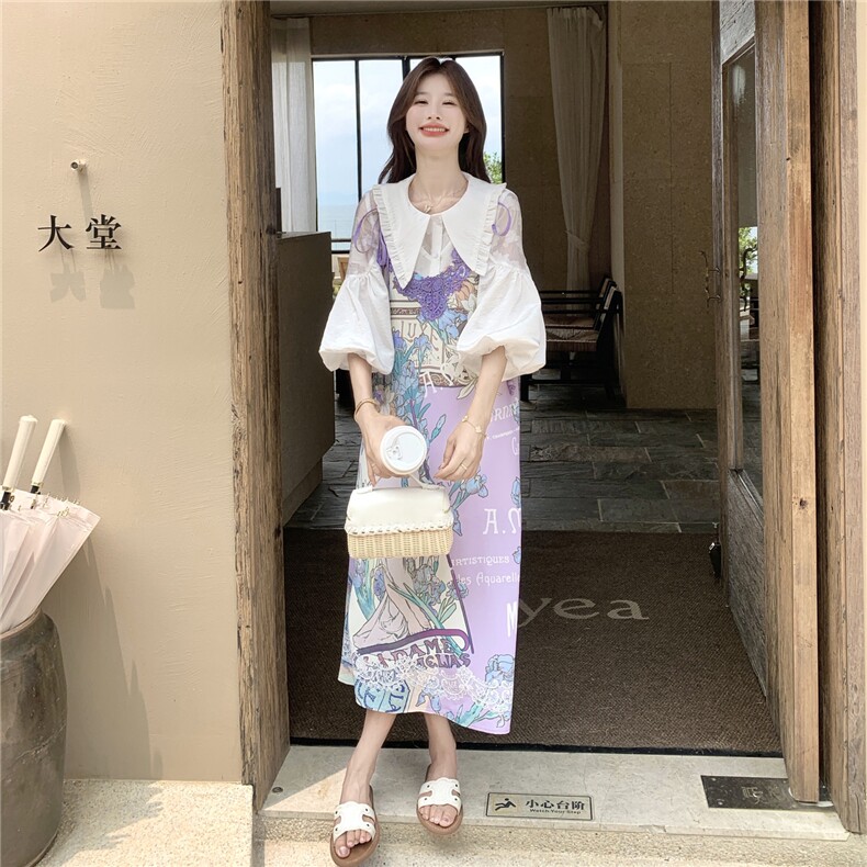 印花套装女夏季2026新款法式娃娃领衬衫蕾丝刺绣领口吊带裙两,女装连衣裙,艾米莉亚