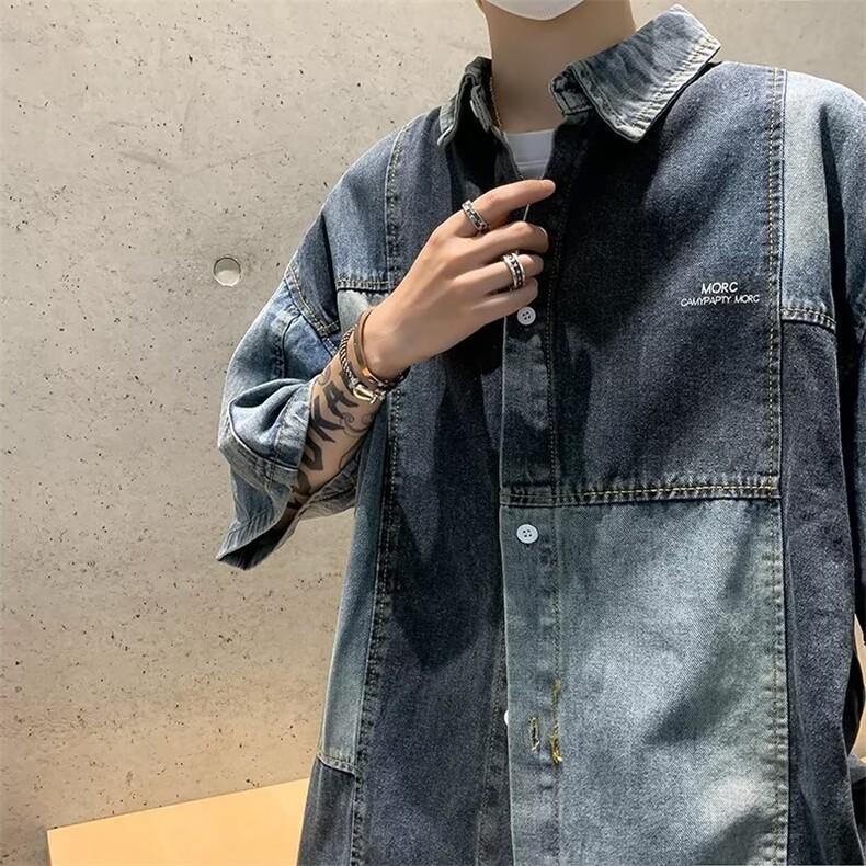 夏季五分袖方领文艺牛仔短袖衬衫外套P55,男装夹克,星座1116-2