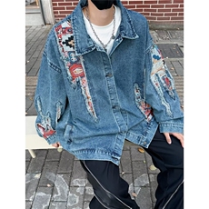 新款牛仔外套短款百搭印花开衫翻领小个子长袖夹克上衣，男装工装外套，星座1018A