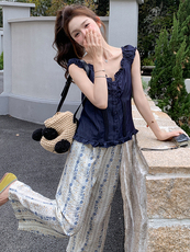 夏季新款少女感显瘦碎花阔腿裤两件套温柔系穿搭法式牛仔小衫套装，女装套装/套裙，浙宝305