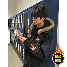 现货高品质美式高街重磅刺绣座山雕大毛毛领棉衣男女加厚棉服外套，男装棉衣，电商A443