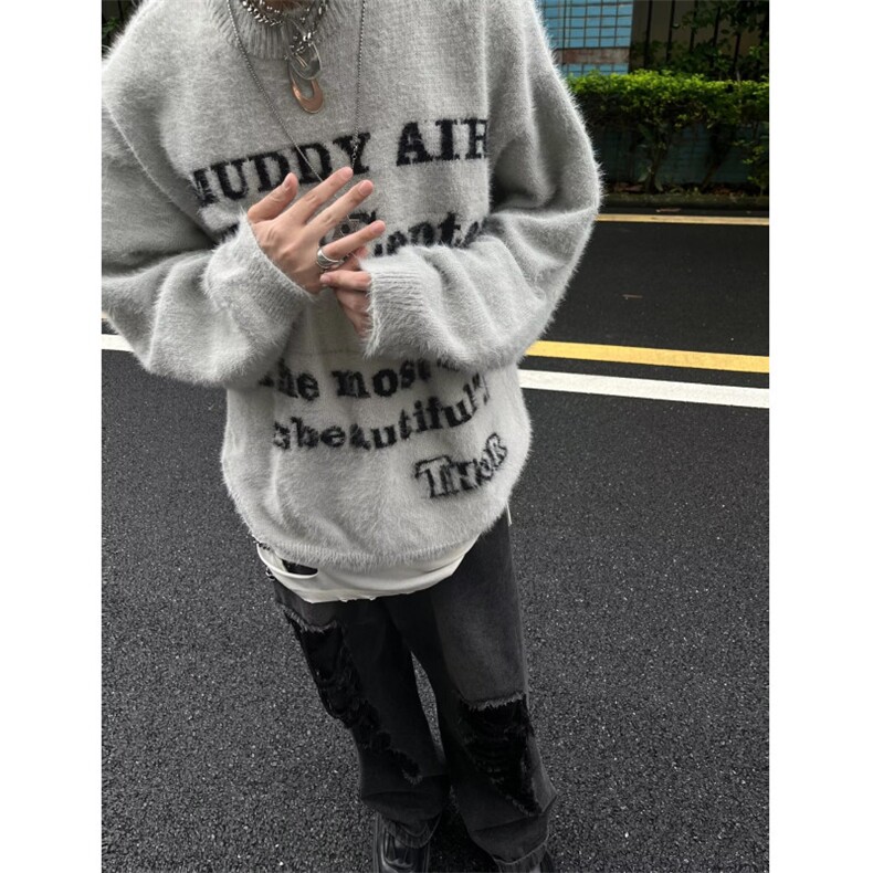 7042-P54美式潮牌海马毛字母提花长袖毛衣男女新款秋季慵懒风,男装针织衫/毛衣,电商B323A