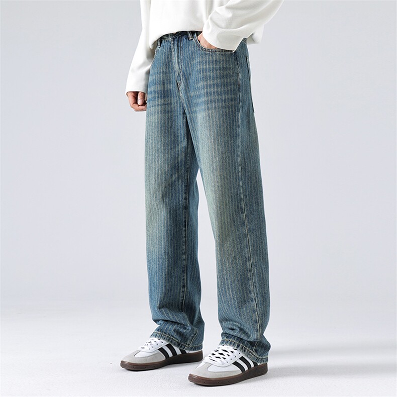 B230档2025秋冬新款潮牌百搭高级竖纹宽松直筒牛仔裤男9159P95，男装牛仔裤，电商B230