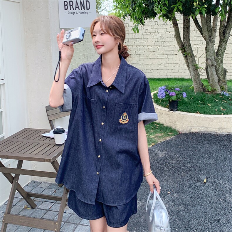 韩版中国风时尚套装大码复古港味休闲上衣港风短袖显瘦牛仔百搭图片