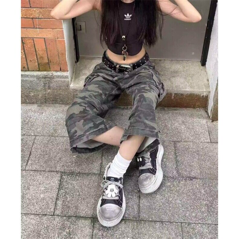 美式复古迷彩阔腿牛仔裤女夏季高腰宽松工装七分裤子LN10811-p52,男装牛仔裤,星座1008