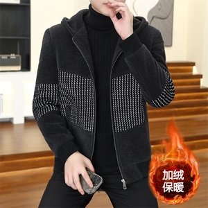 直播加绒加厚连帽休闲毛呢大衣夹克外套上衣男D27P155控238图片